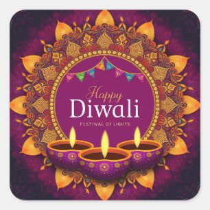 Pretty Purple Diya Colourful Mandala Happy Diwali Square Sticker