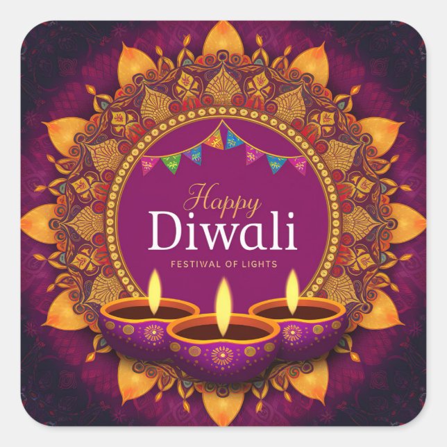 Pretty Purple Diya Colourful Mandala Happy Diwali Square Sticker (Front)