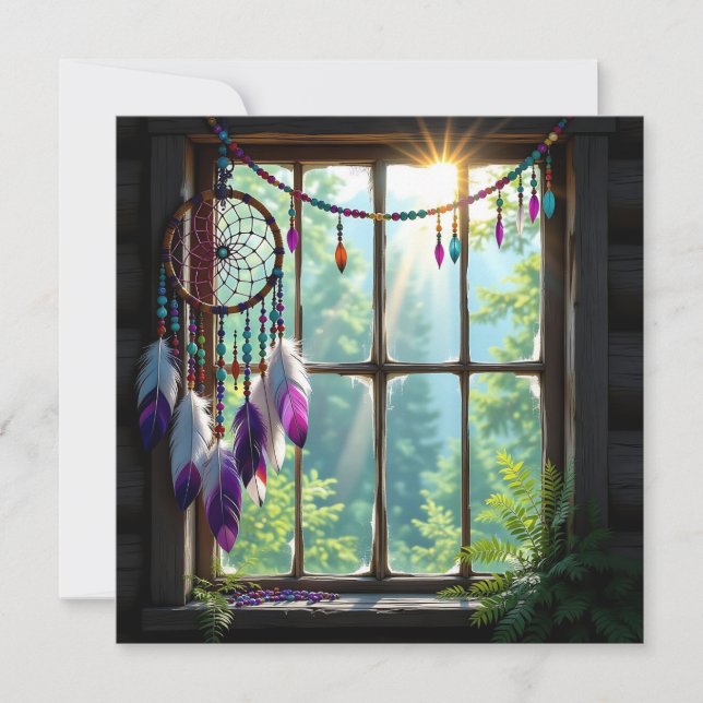 Pretty Purple Dreamcatcher in Window   Holiday Card (Front)