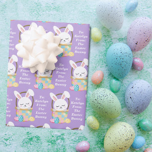 Pretty Purple Easter Bunny Customisable Kids Wrapping Paper Sheet