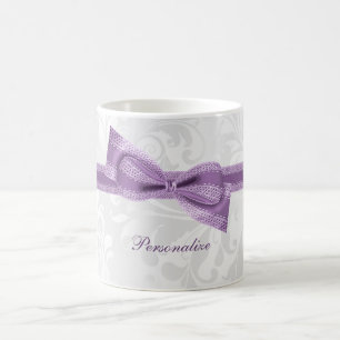 Pretty Purple Faux Bow & Ribbon & Damask Coffee Mug