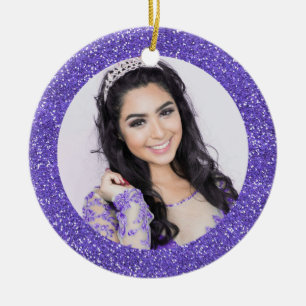Pretty Purple Faux Glitter Monogram Photo Ceramic Tree Decoration