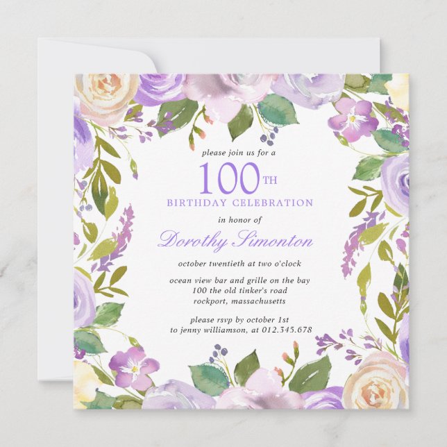 Pretty Purple Floral 100th Birthday Invitation (Front)