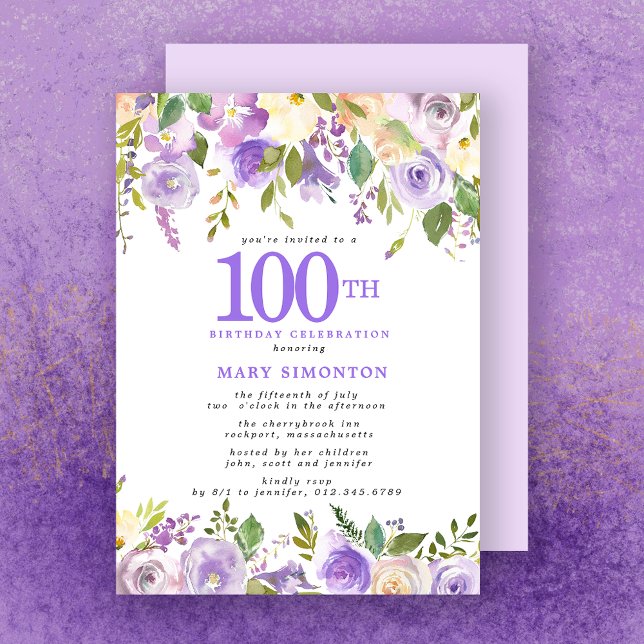 Pretty Purple Floral 100th Birthday Party Invitation (Creator Uploaded)