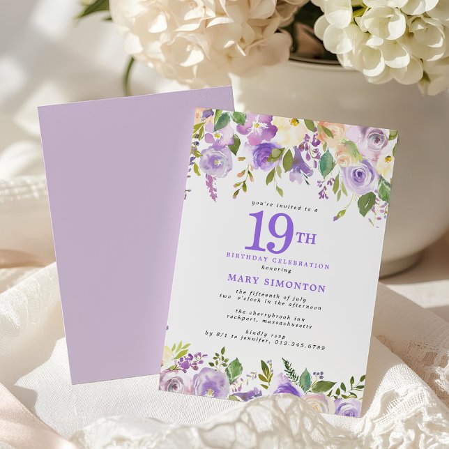 Pretty Purple Floral 19th Birthday Party Invitation (Creator Uploaded)