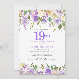 Pretty Purple Floral 19th Birthday Party Invitation