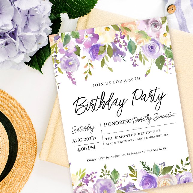 Pretty Purple Floral 30th Birthday Party Invitation (Creator Uploaded)