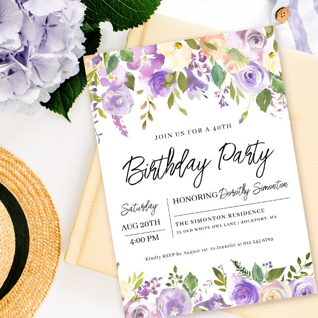 Pretty Purple Floral 40th Birthday Party Invitation (Matching party supplies, welcome signs and decor available. Message me for help finding them. )