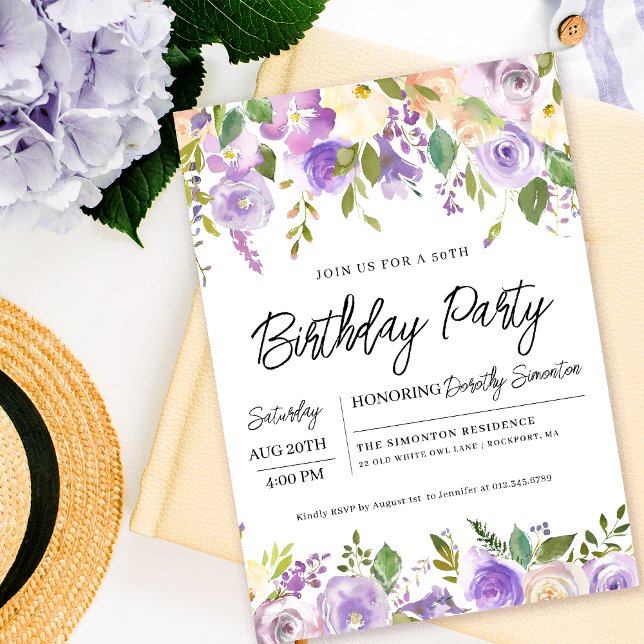 Pretty Purple Floral 50th Birthday Party Invitation (Creator Uploaded)