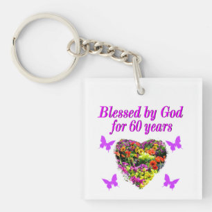 PRETTY PURPLE FLORAL 60TH BIRTHDAY DESIGN KEY RING