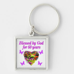 PRETTY PURPLE FLORAL 60TH BIRTHDAY DESIGN KEY RING