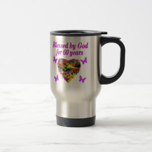 PRETTY PURPLE FLORAL 60TH BIRTHDAY DESIGN TRAVEL MUG