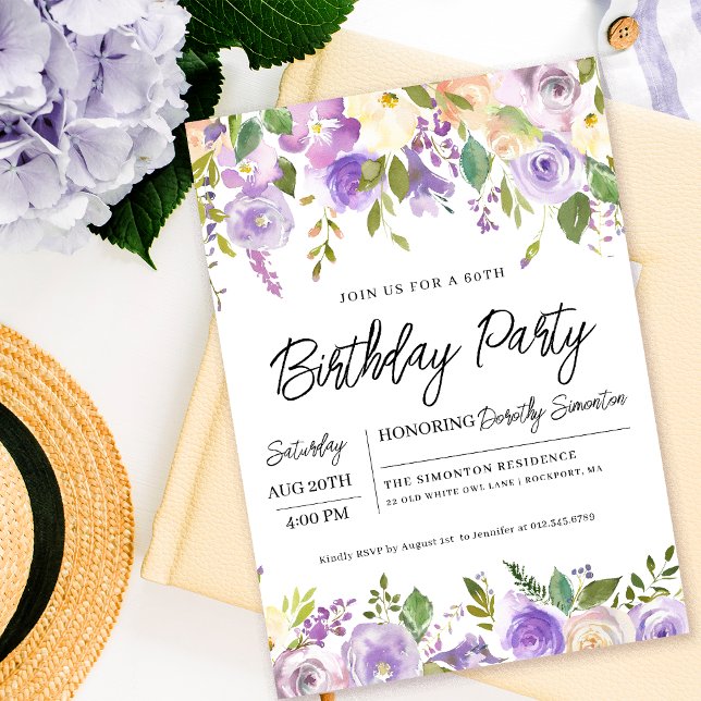 Pretty Purple Floral 60th Birthday Party Invitation (Matching party supplies, welcome signs and decor available. Message me for help finding an item. )