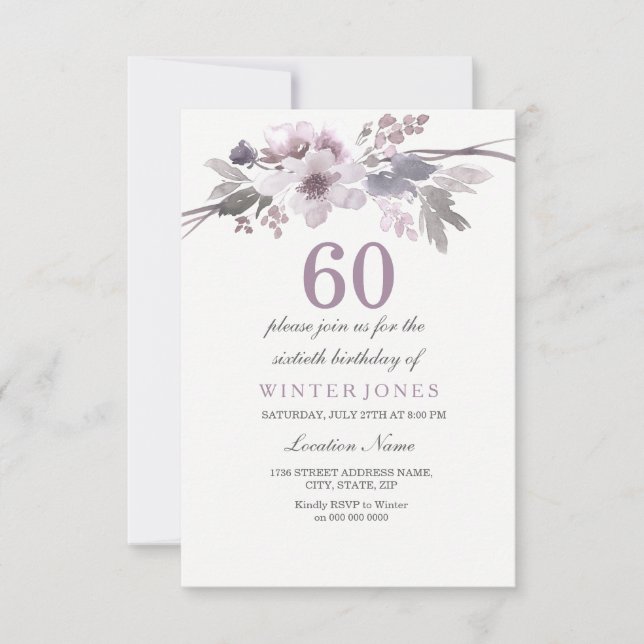 Pretty Purple Floral 60th Birthday Party Invite (Front)