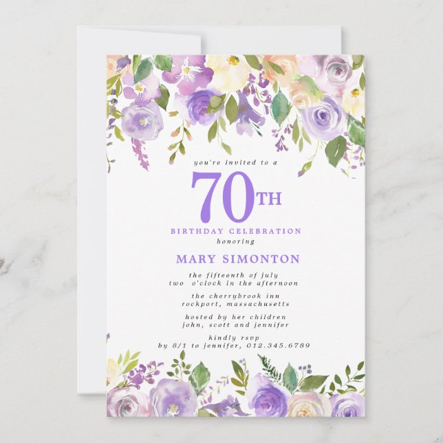 Pretty Purple Floral 70th Birthday Party Invitation (Front)