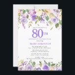 Pretty Purple Floral 80th Birthday Party Invitation<br><div class="desc">Honour a special woman with this elegant and feminine 80th Birthday party invitation. 80th is written in large purple text. Birthday celebration follows. The honoured guest's name is also in blue capital letters. The birthday celebration details are surrounded top and bottom purple floral borders. The floral elements are nestled in...</div>