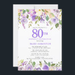 Pretty Purple Floral 80th Birthday Party Invitation<br><div class="desc">Honour a special woman with this elegant and feminine 80th Birthday party invitation. 80th is written in large purple text. Birthday celebration follows. The honoured guest's name is also in blue capital letters. The birthday celebration details are surrounded top and bottom purple floral borders. The floral elements are nestled in...</div>