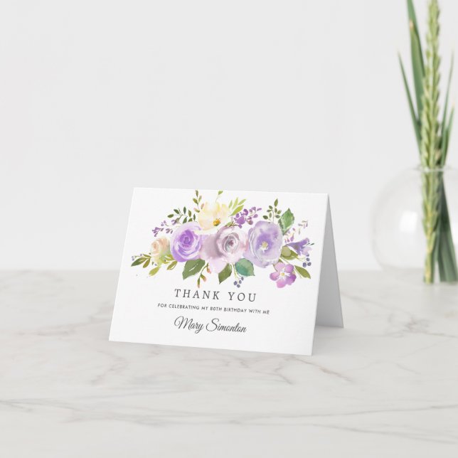 Pretty Purple Floral 80th Birthday  Thank You Card (Front)