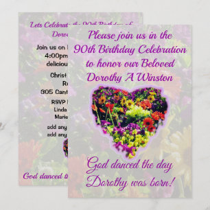 PRETTY PURPLE FLORAL 90TH BIRTHDAY INVITATION