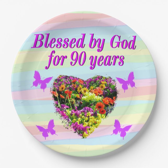 PRETTY PURPLE FLORAL 90TH BIRTHDAY PAPER PLATES (Front)