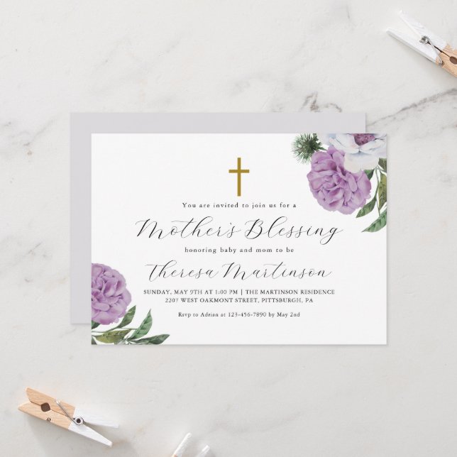 Pretty Purple Floral and Cross Mother's Blessing Invitation (Front/Back In Situ)