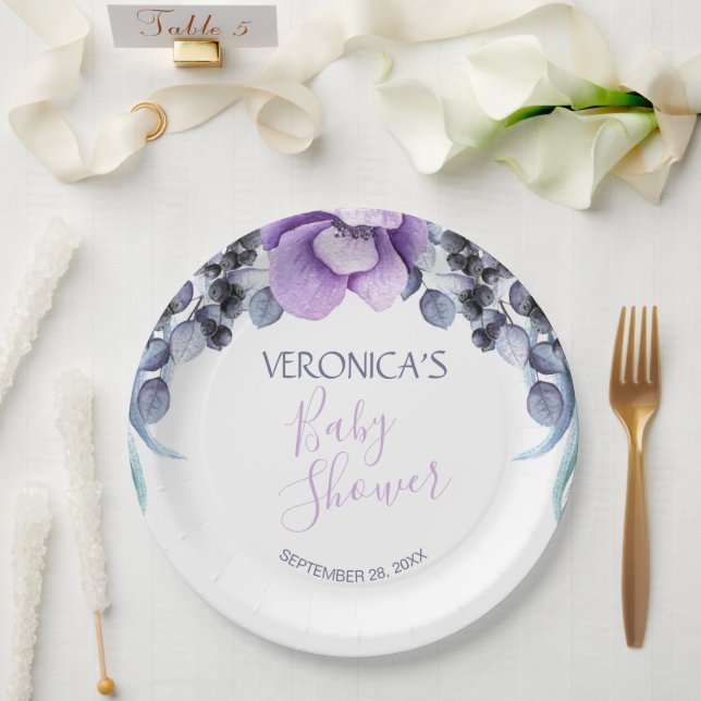 Pretty Purple Floral Berry Baby Shower Paper Plate (Wedding)