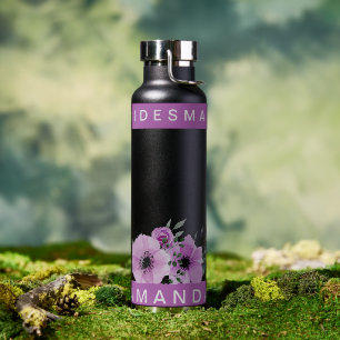 Pretty Purple Floral Bridesmaid Name Wedding Water Bottle