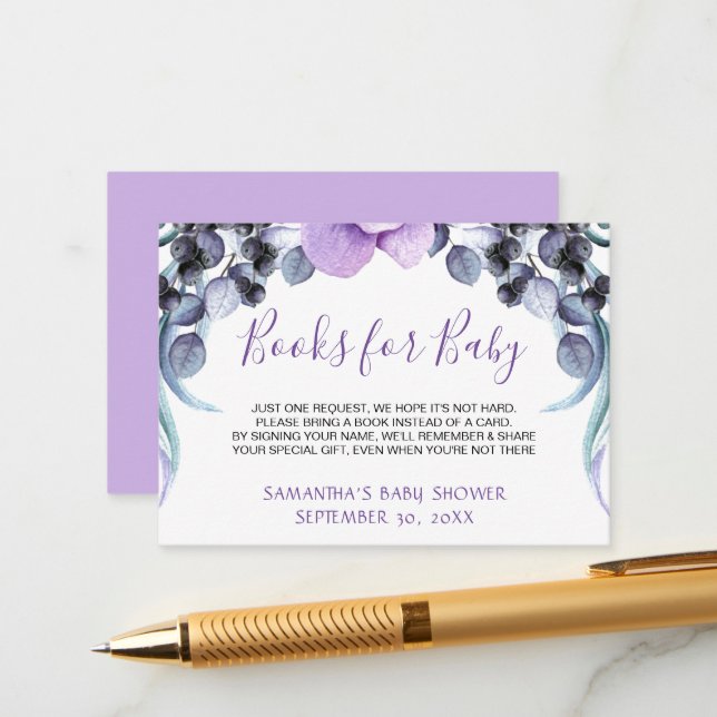 Pretty Purple Floral Bring a Book Card Baby Shower (Front/Back In Situ)