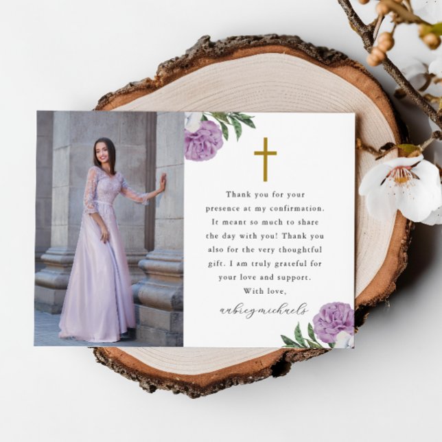 Pretty Purple Floral Confirmation Photo Thank You Card (Creator Uploaded)