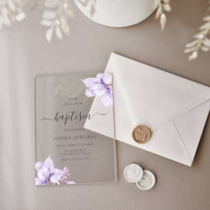 Pretty Purple Floral Girls Baptism Acrylic Invitations