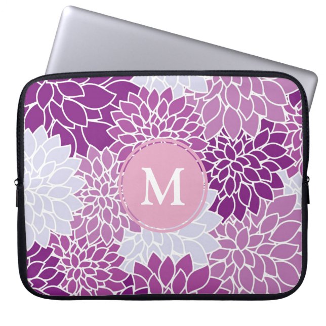 Pretty Purple Floral Pattern Monogram Laptop Sleeve (Front)