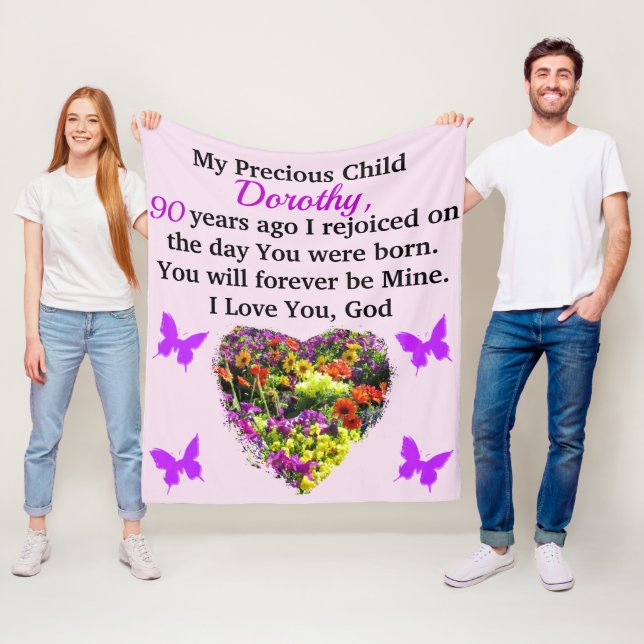 PRETTY PURPLE FLORAL PERSONALIZED 90TH FLEECE BLANKET (In Situ)