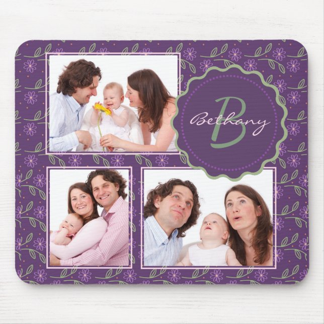 Pretty Purple Floral Photo Collage Personalised Mouse Mat (Front)