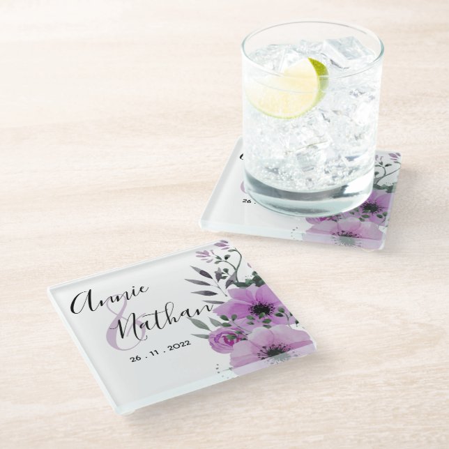 Pretty Purple Floral Romantic Script Wedding Party Glass Coaster (Angled)
