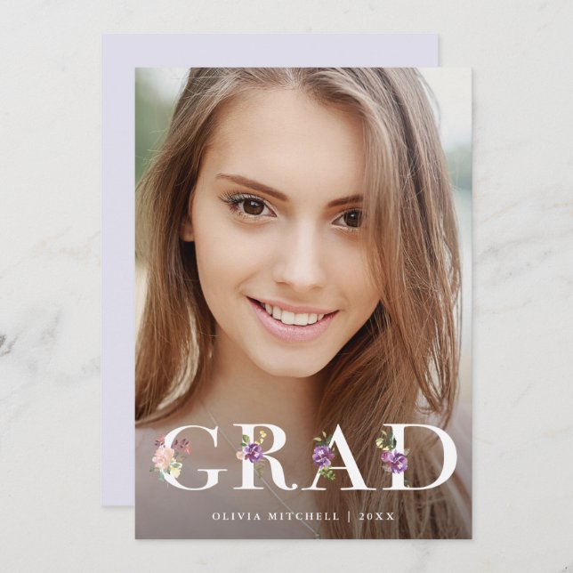 Pretty Purple Floral Text | Photo Grad Party Invitation (Front/Back)