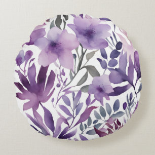 Pretty Purple Floral Watercolor Design  Round Cushion