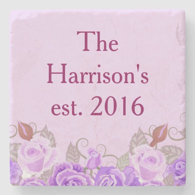Pretty Purple Floral Wedding Name Stone Coaster (Front)