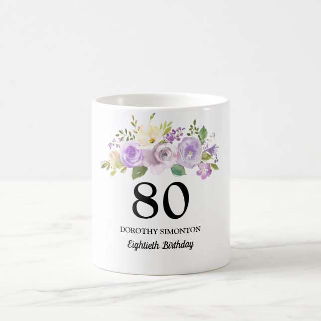 Pretty Purple Floral Womans 80th Birthday Gift Coffee Mug (Center)
