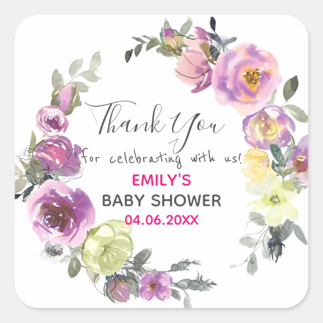 Pretty Purple Floral Wreath Thank You Baby Shower Square Sticker (Front)