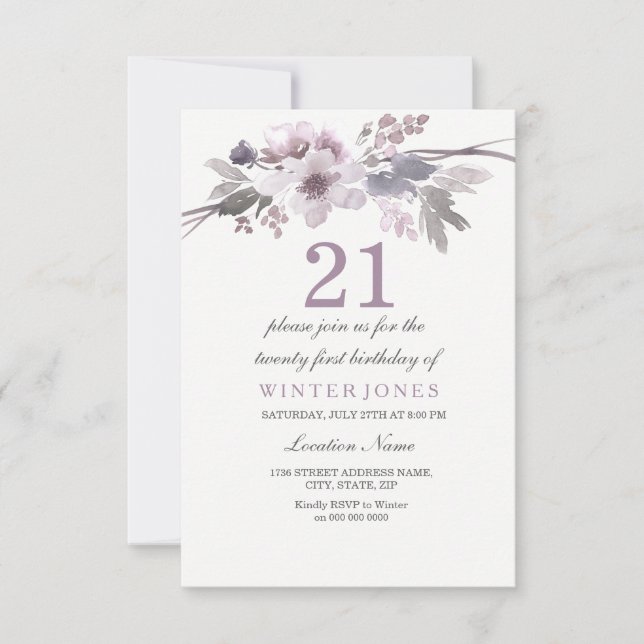 Pretty Purple Flower 21st Birthday Party Invite (Front)