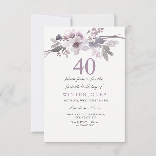 Pretty Purple Flower 40th Birthday Party Invite (Front)