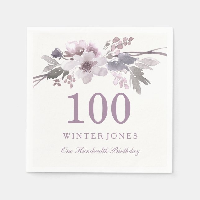 Pretty Purple Flower Floral 100th Birthday Party Napkin (Front)