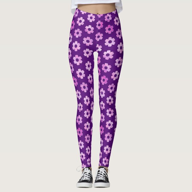 Pretty Purple Flower Pattern Leggings (Front)