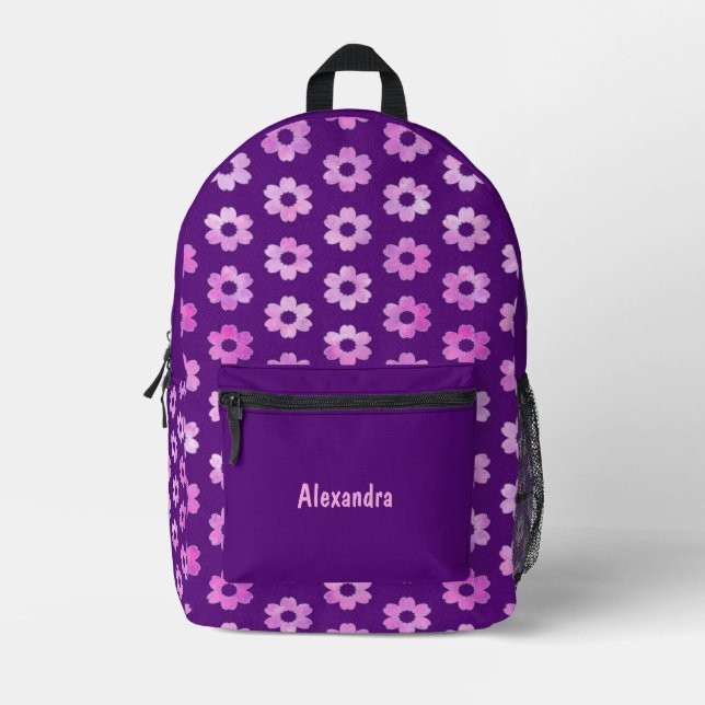 Pretty Purple Flower Pattern Printed Backpack (Front)