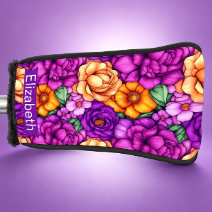 Pretty Purple Flower Patterned and Personalised Golf Head Cover