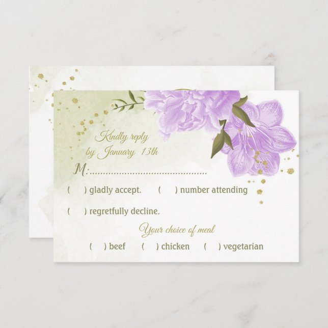 pretty purple flowers green leaves botanical RSVP card (Front/Back)
