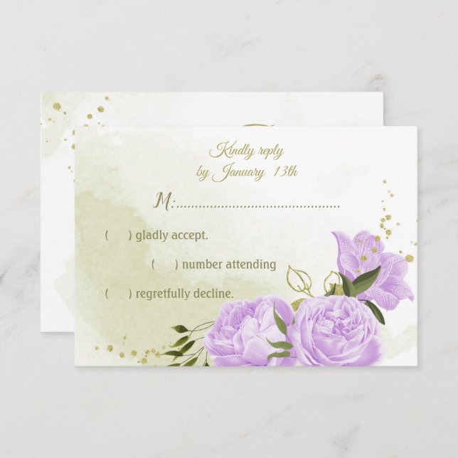 pretty purple flowers green leaves botanical RSVP card (Front/Back)