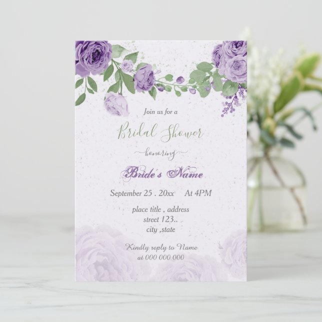 Pretty purple flowers green leaves bridal shower invitation (Standing Front)