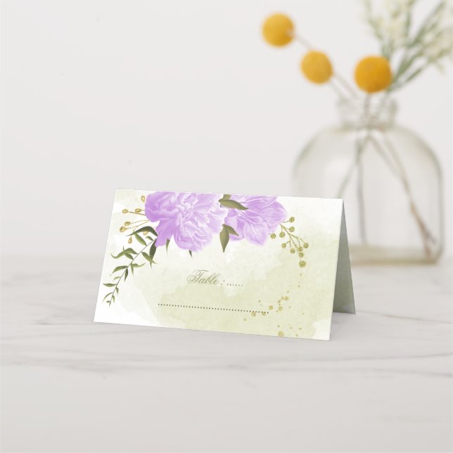 pretty purple flowers green leaves place card (Front)