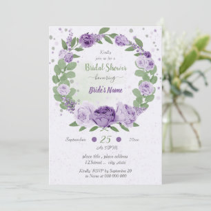 Pretty purple flowers green wreath bridal shower invitation